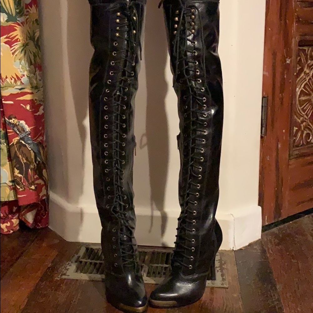 Joie Thigh high leather lace up boots